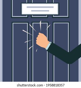 A knock on the door. The man's hand is knocking on the door. Please allow me to enter the room. Office door with a sign.A persistent businessman, client, manager, guest or salesperson. Fragment.Vector