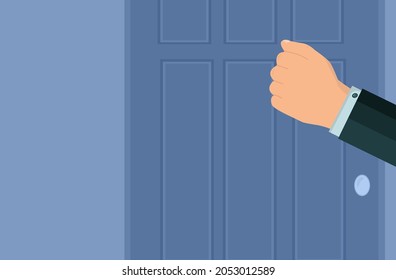 A knock on the door. The man's hand knocks, the entrance is closed. A fist touches the office door. Please open the room and enter. Assertive businessman, sales manager or postman. Vector illustration