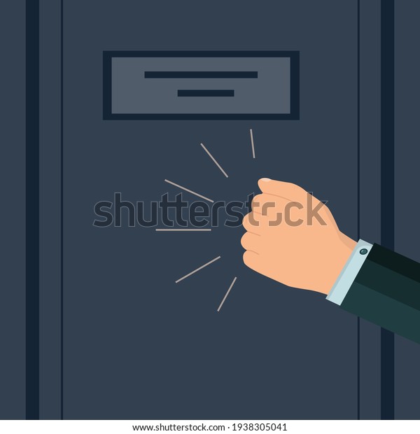A knock on the door. The\
man\'s hand is knocking on the door. Please allow me to enter the\
room. The businessman\'s insistent knock. Vector illustration. Flat\
style.