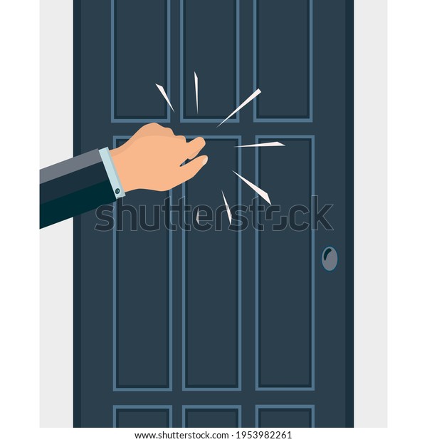 A knock on the door. The man\'s hand is knocking on\
the door. Please allow me to enter the room. Office space. An\
assertive, persistent businessman, client, manager, guest or\
salesperson.  Vector