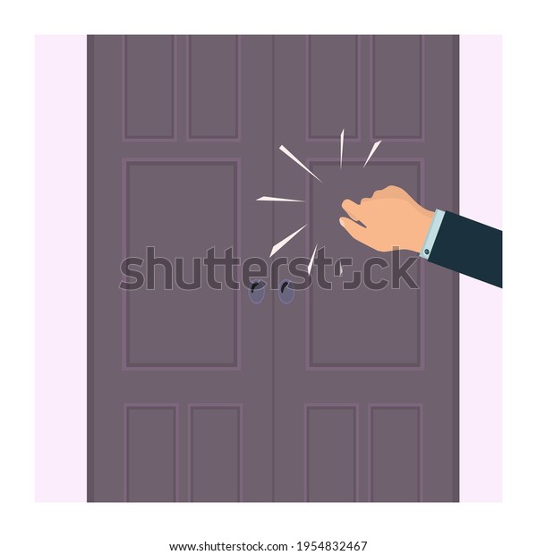 A knock on the door. The man\'s hand is knocking on the\
door. Please allow me to enter the room. Office space. Close-up. An\
assertive, persistent businessman, client, manager, guest or\
salesperson. 