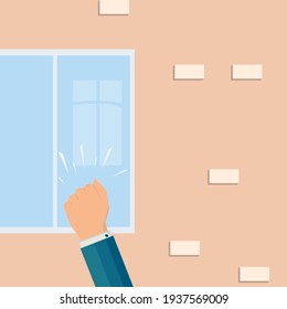 A knock on the window. The hand or fist of a businessman, manager, courier, postman is knocking. Visit. Glass, building wall. The requirement to enter the premises. Vector image