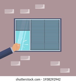 A knock on the window. The hand or fist of a businessman, manager, courier, postman is knocking. Visit. Glass, building wall. Open, closed blinds. The requirement to enter the premises. Vector 