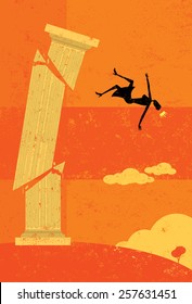 Knocked off the pedestal. A retro businesswoman falling from her high pedestal. The woman & pedestal and background are on separate labeled layers.