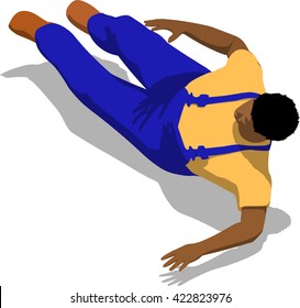 Knocked out street fighter falling down. African fat man in a blue overalls and a yellow t-shirt. 3d flat isometric.