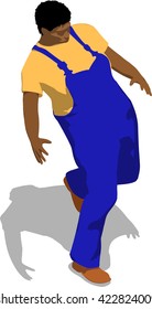 Knocked out street fighter falling down. African fat man in a blue overalls and a yellow t-shirt. 3d flat isometric.