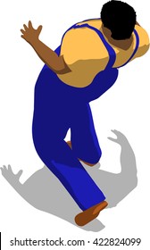 Knocked out street fighter falling down. African fat man in a blue overalls and a yellow t-shirt. 3d flat isometric.
