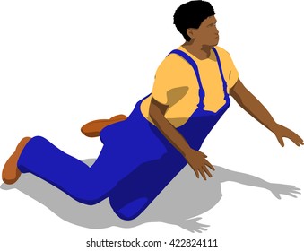 Knocked out street fighter falling down. African fat man in a blue overalls and a yellow t-shirt. 3d flat isometric.