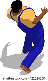 Knocked out street fighter falling down. African fat man in a blue overalls and a yellow t-shirt. 3d flat isometric.