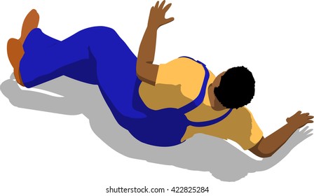 Knocked out street fighter falling down. African fat man in a blue overalls and a yellow t-shirt. 3d flat isometric.
