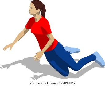 Knocked out street fighter falling down. Young athletic woman in red t-shirt and blue tights. 3d flat isometric.