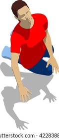 Knocked out street fighter falling down. Young athletic woman in red t-shirt and blue tights. 3d flat isometric.