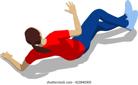Knocked out street fighter falling down. Young athletic woman in red t-shirt and blue tights. 3d flat isometric.