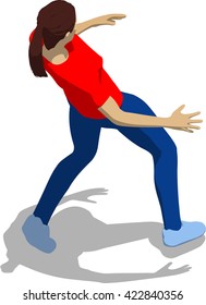 Knocked out street fighter falling down. Young athletic woman in red t-shirt and blue tights. 3d flat isometric.
