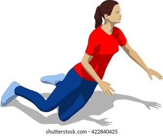 Knocked out street fighter falling down. Young athletic woman in red t-shirt and blue tights. 3d flat isometric.