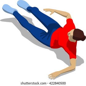 Knocked out street fighter falling down. Young athletic woman in red t-shirt and blue tights. 3d flat isometric.