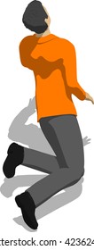 Knocked out street fighter falling down. Young thin man in orange shirt. 3d flat isometric.