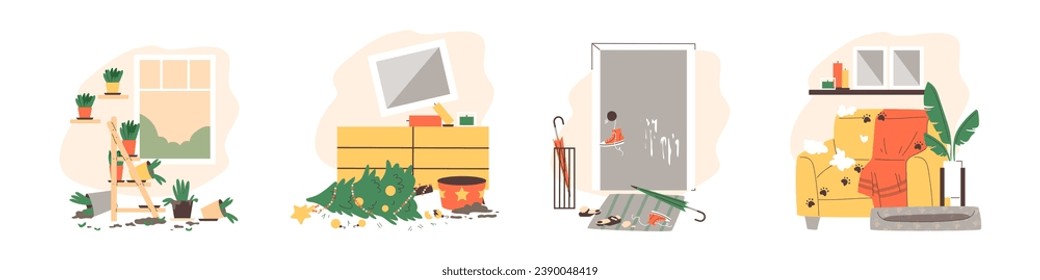 Knocked over Christmas tree, flower pots, hewing shoes. Clutter, disorder from play cat or dog. Cartoon vector isolated illustrations set of pet mess. Bad pet behavior damaging things at home