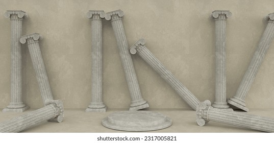 knocking down columns Product montage podium ancient greek columns green old background, object position, 3d rendering, illustration shadows