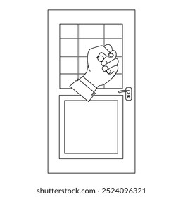 Batendo Mão na Porta Ilustração Contorno, Pessoa mão batendo na porta ilustração, livro de coloração em preto e branco. Toque no ícone