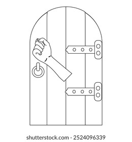 Batendo Mão na Porta Ilustração Contorno, Pessoa mão batendo na porta ilustração, livro de coloração em preto e branco. Toque no ícone