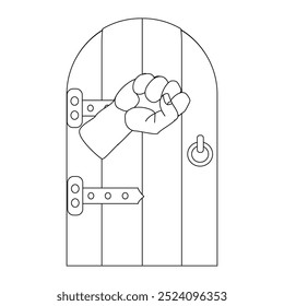 Batendo Mão na Porta Ilustração Contorno, Pessoa mão batendo na porta ilustração, livro de coloração em preto e branco. Toque no ícone