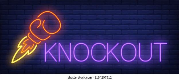 Knockout neon text with boxing glove rocket. Boxing club and advertisement design. Night bright neon sign, colorful billboard, light banner. Vector illustration in neon style.