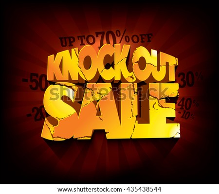Knockout Sale typographic design with gold broken text against deep red rays backdrop. Vector illustration