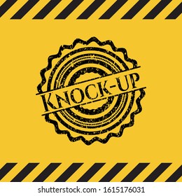 Knock-up grunge black emblem with yellow background, warning sign. Vector Illustration. Detailed.