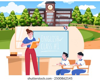 WISSEN FÜR ALLE in einem Klassenzimmer mit kleinen Schülern, die eine Lektion von einem Lehrer am Schreibtisch im Klassenzimmer der Grundschule hören. Studentin Studium machen Test in der Grundschule 