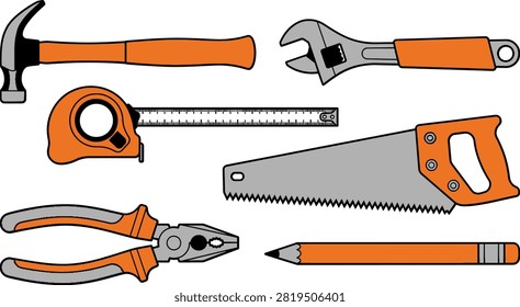 Knolling Construction Tools Flat Lay Vector Set Organized Hardware Tools Top View Background