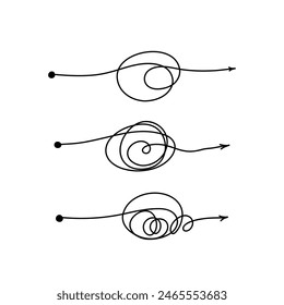 Knot arrow line. Doodle chaos mindset, mess concept with freehand scrawl sketch, set of black scribble. Vector hand drawn difficult thought process with concept arrows tangle paths