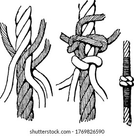A knot by which the two parts of a shroud which has been broken or shot away are reunited, vintage line drawing or engraving illustration.