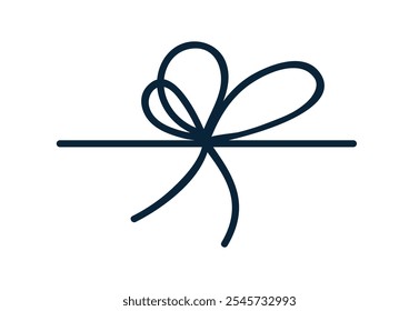 Knot, decorative string bow. Thin cord, ribbon tied in loops for gift box, holiday decor. Line rope, simple lace, thread for package. Hand-drawn vector illustration isolated on white background