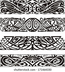 Knot designs in celtic style with birds. Black and white vector illustrations.