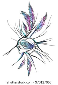 Knot of fabric with feathers. Vector illustration. Design for print and cards.