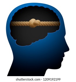 Knot head. Mental block. Thinking barrier. Symbolized with a knotted rope in the brain of a young person.