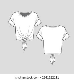 Knot Hem cima de la cosecha Soltar hombro manga corta v cuello roto nudo Moda dibujo plano diseño de la plantilla