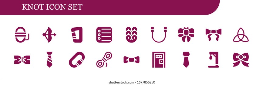 knot icon set. 18 filled knot icons.  Simple modern icons such as: Rope, Bow, Carabiner, Reminder, Pretzel, Tie, Triquetra, Bow tie, Death penalty, Gallow
