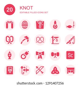 knot icon set. Collection of 20 filled knot icons included Sash, Rope, Tie, Fishing, Pretzel, Ice axe, Gallows, Bow tie, Scout, Binding, Bow, Triquetra, Miscellaneous