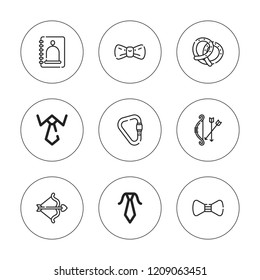 Knot icon set. collection of 9 outline knot icons with bow tie, bow, carabiner, pretzel, reminder icons. editable icons.
