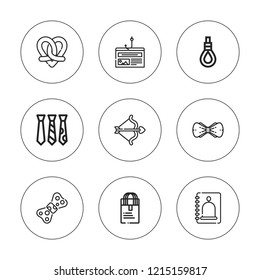 Knot icon set. collection of 9 outline knot icons with bow tie, bow, fishing, pretzel, rope, strings, reminder icons. editable icons.