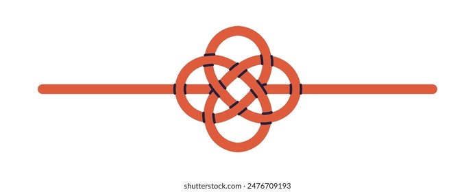 Knot, Japanese mizuhiki binding. Intricate traditional ornament, ceremonial decorative cord. Japan knotwork art, tied string with loops. Flat vector illustration isolated on white background
