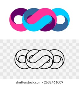 Knot logo icon. Colorful infinity symbol. Bright colors and thin black line styles version. Infinite loop as knotted rope concept