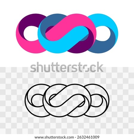 Knot logo icon. Colorful infinity symbol. Bright colors and thin black line styles version. Infinite loop as knotted rope concept