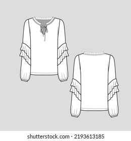 knot Neck Frill trim ruffles sleeve Top t shirt long sleeve  cad Fashion design drawing template
