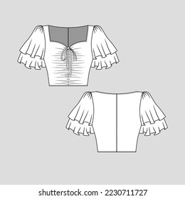 Knot Neck Layered Ruffles sleeve Crop top front gathering shirred ruched detail fashion flat sketch technical template drawing