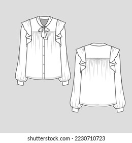 Knot Neck Ruffles top button panel gathering ruffles Long sleeve with cuffs fashion flat sketch technical drawing template vector