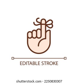 Knot on finger for memory pixel perfect RGB color icon. Rope tied around pointer. Hand gesture. Isolated vector illustration. Simple filled line drawing. Editable stroke. Arial font used