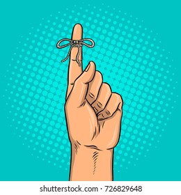 Knot on finger, pop art retro vector illustration. Reminder sign. Comic book style imitation.